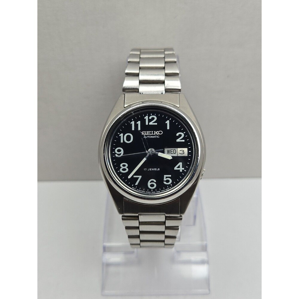 Seiko 7009 3189 Automatic Day Date Black Arabic Dial Mens Watch 17 Jewels Silver